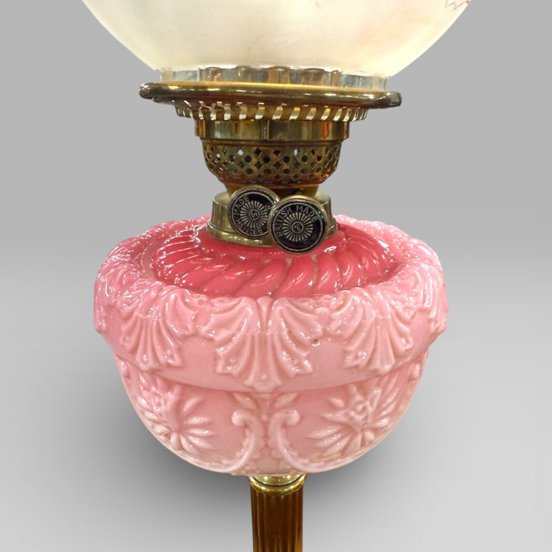 Antique Victorian Cranberry Etched Glass Oil Lamp With Brass Column - Image 5